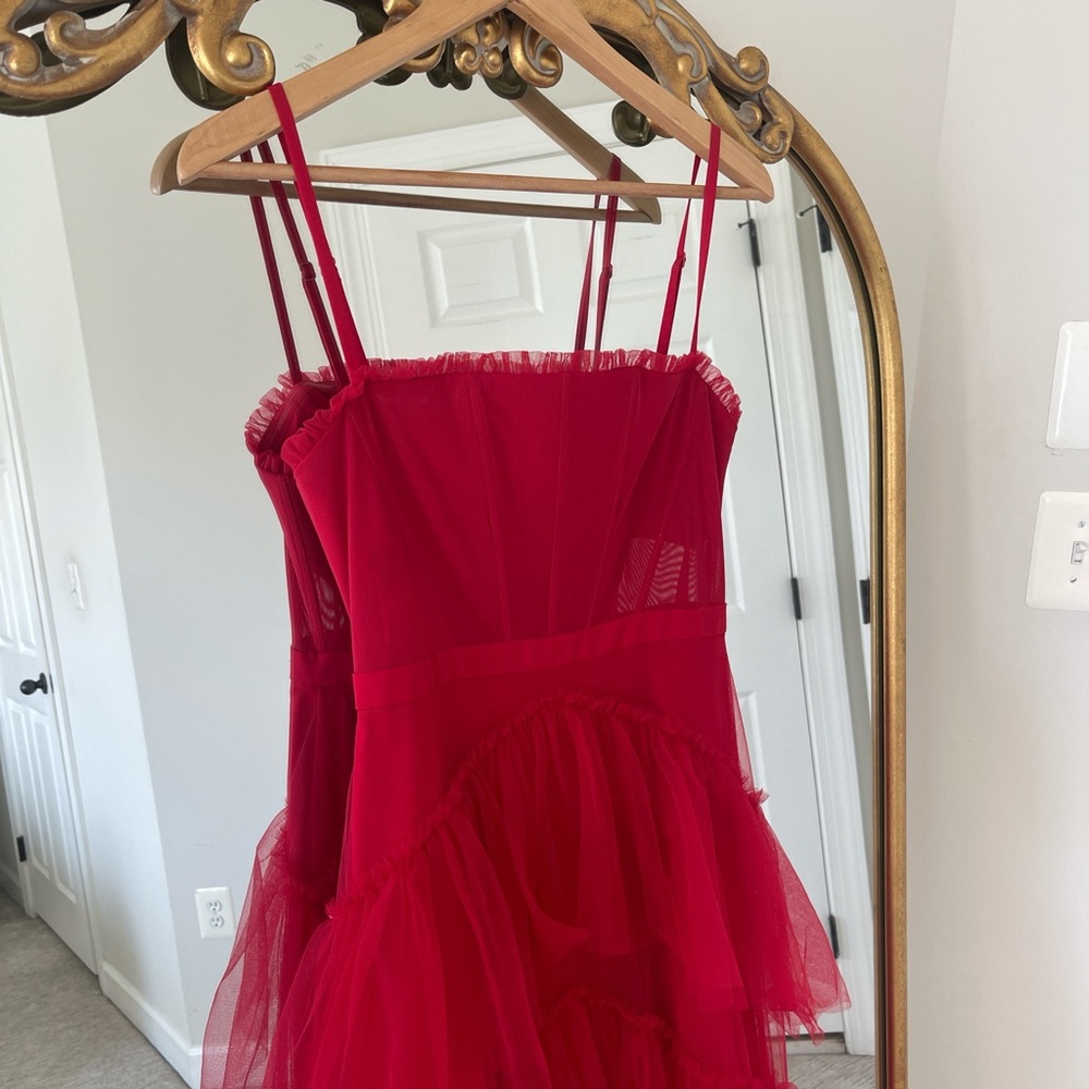 Betsy & Adam Vibrant Red Tulle Gown